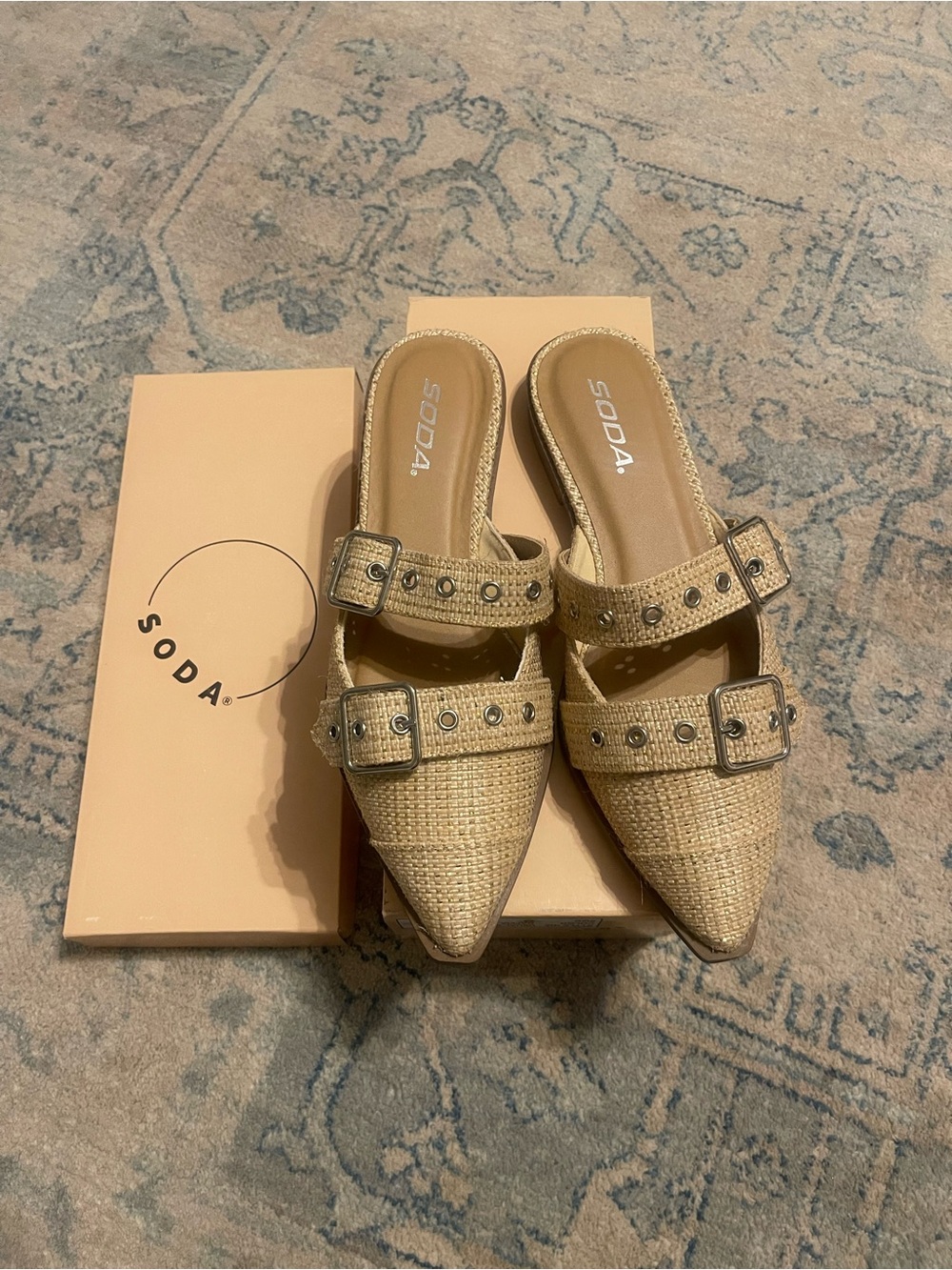 Soda Beige Woven Pointed Mules with Buckle Straps